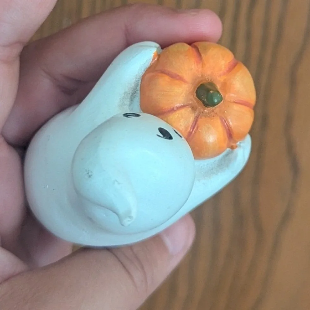 VTG Halloween Ghost Figurine w/ Pumpkin Small Spooky Seasonal Decor White Orange